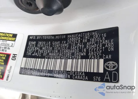 2016 Toyota Corolla S Plus z USA, uszkodzony, nr VIN 2T1BURHE4GC741298